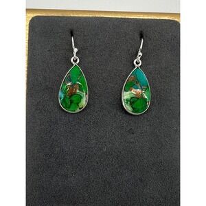 Sterling Silver Green Peacock Dahlia Teardrop Dangle‎ Earrings 925